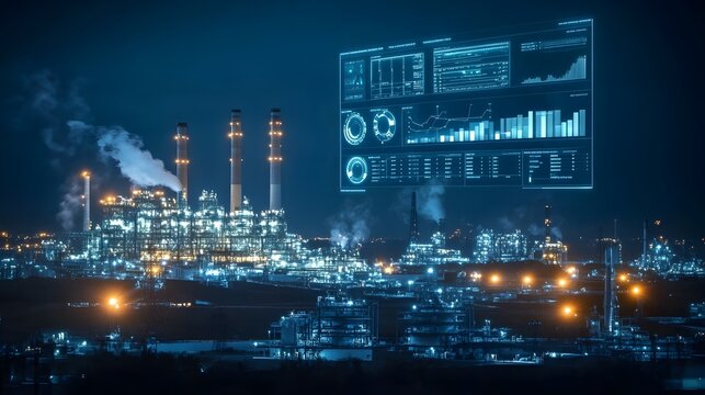 Illuminated industrial petrochemical refinery plant at night with a digital dashboard interface displaying data analytics,charts.