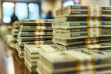 stacks of hundred-dollar bills neatly arranged on a table