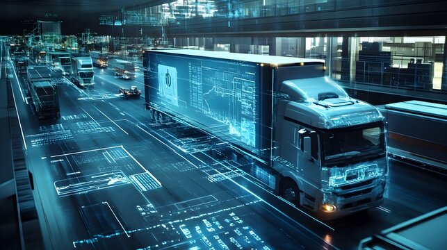 Futuristic digital interface showcasing advanced technology for efficient freight,logistics,and shipping Displays data-driven solutions for streamlining transportation,cargo management.