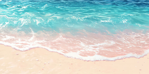 Shining sunny coastline with pink sand and texture of crystal clear sea water, foam and waves. Summer background with copy space