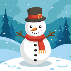 Classic snowman with a carrot nose, top hat, and scarf in a snowy landscape
