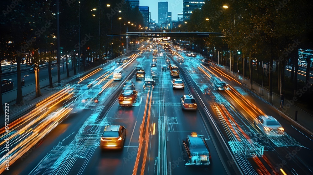 Poster a high-speed,blurred motion image showcasing the futuristic concept of a digital twin being used to 
