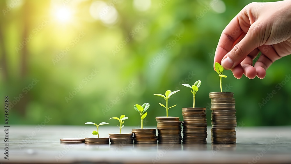 Poster hand placing a coin atop a stack of coins, with small plants emerging from each stack, symbolizing g