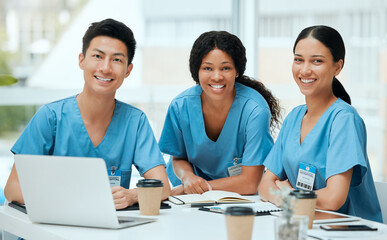 Portrait, people and diversity with laptop as medical students, team and internship in clinic....