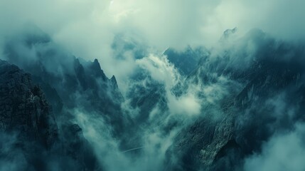 Stunning aerial view of a mountain highway with cascading clouds and serene landscape colors