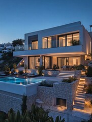 Luxury modern home with softly lit stairs leading to a relaxing outdoor seating area