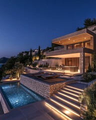 Fototapeta premium Luxury modern villa with elegant stair lighting and expansive windows reflecting the sky