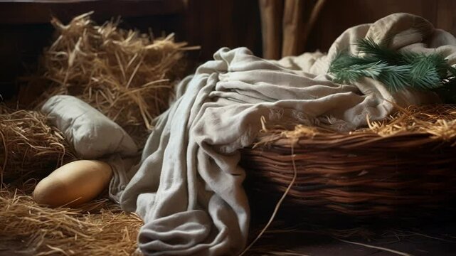 Rustic wooden manger is filled with fresh hay and a soft linen blanket, awaiting the arrival of the newborn baby jesus