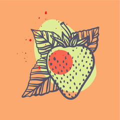 Fully editable poster (postcard) of hand-drawn fruits in pop art style. Linear, contour drawing on a colored background with abstract figures - a modern type of printing art.