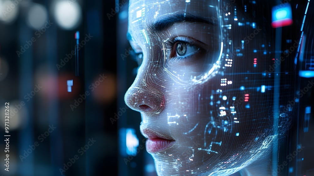 Poster futuristic digital twin environment with glowing geometric patterns,abstract data visualizations,and