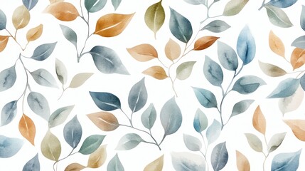 Fototapeta premium Seamless watercolor leaf pattern with natural green, blue, light brown, and gray tones, designed on a clean white background