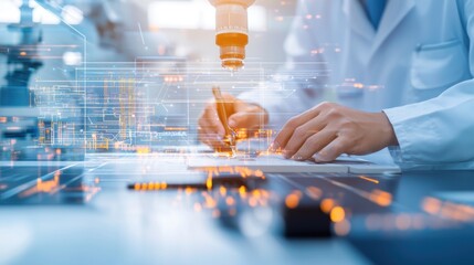 Technician using digital tools for quality inspection, precise measurements, 3D illustration