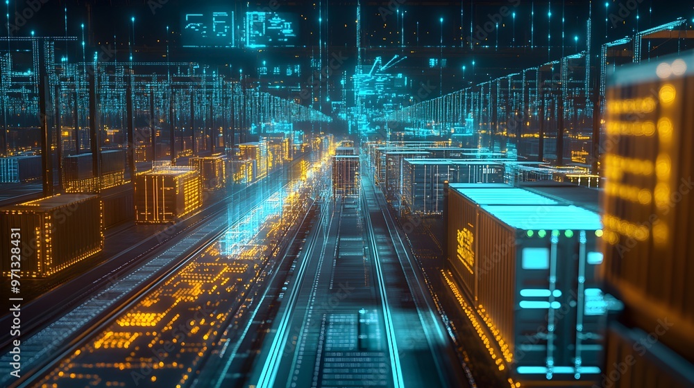 Poster digital twin city landscape with futuristic urban infrastructure and interconnected transportation n