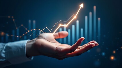 Hand holding a glowing upward arrow, symbolizing growth and success in business and finance. Ideal for corporate, motivational, and analytics themes.