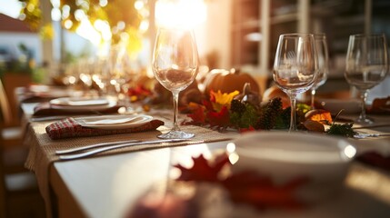 Harvest Bounty: Thanksgiving Table Setting with Cornucopia, Fruits, Vegetables, and Autumn Leaves in Golden Sunlight