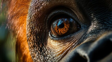 A close-up of an orangutan's eye, revealing the intricate details of its fur and skin.