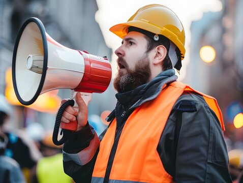 Emergency Responder Using Megaphone to Direct People During a Crisis Situation