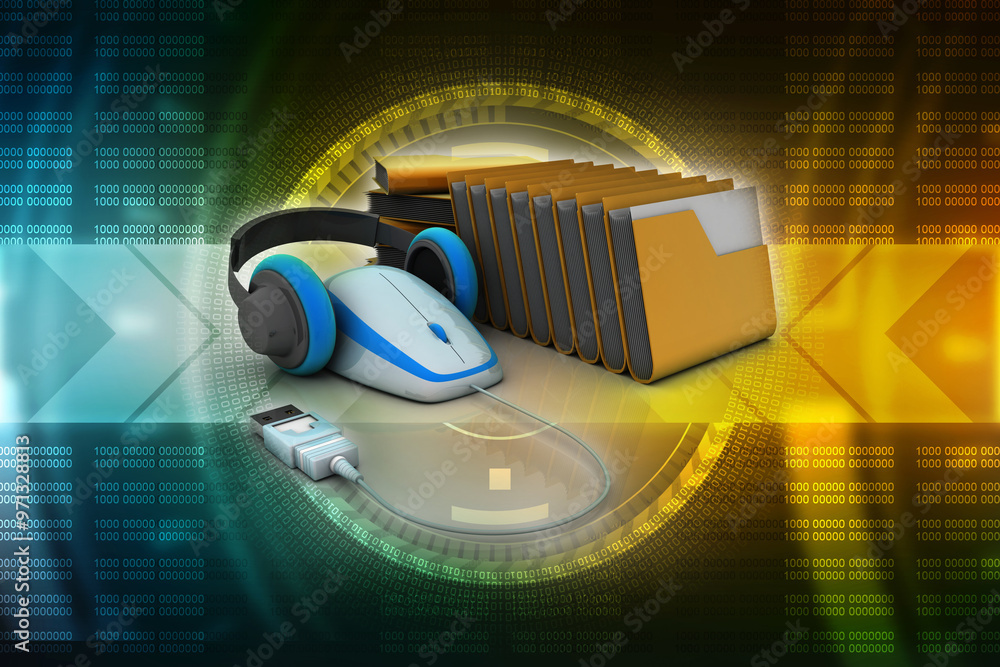 Poster 3d rendering folder with headphone connected mouse
