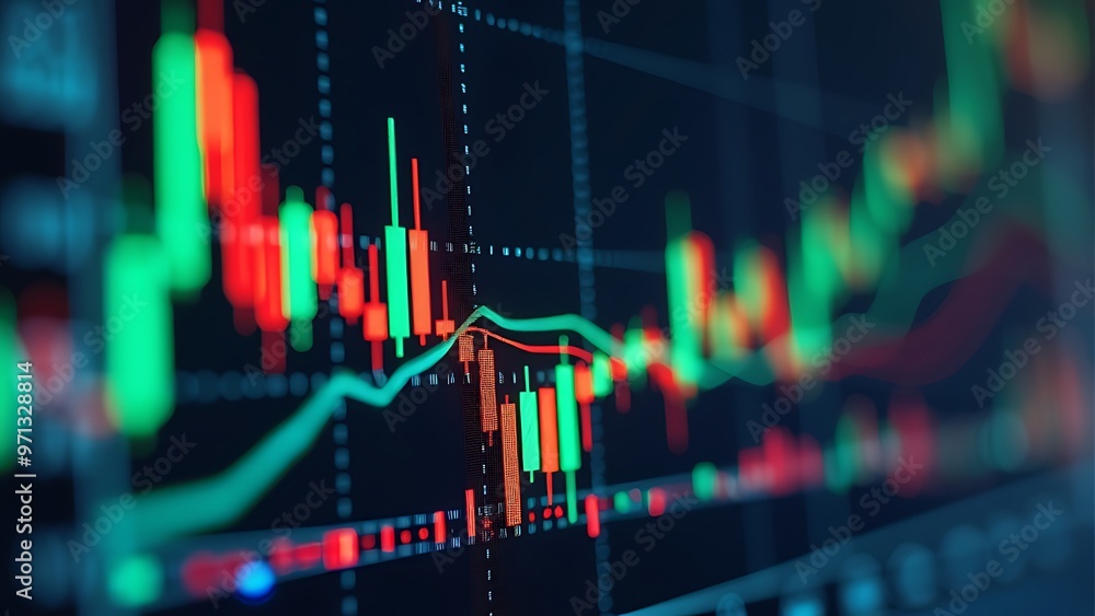 Poster financial chart with various data lines and indicators, representing market analysis and trends. ide