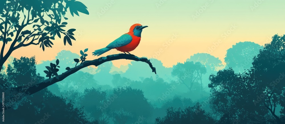 Aufkleber a tiny bird perched on a tree branch in a natural bush setting