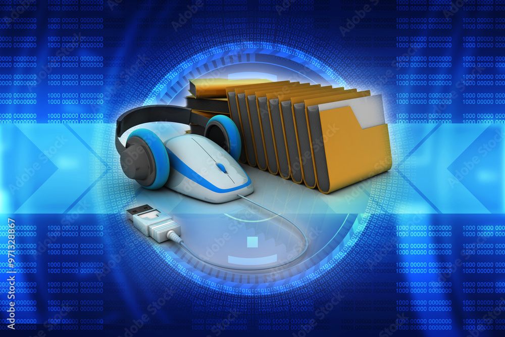 Poster 3d rendering folder with headphone connected mouse