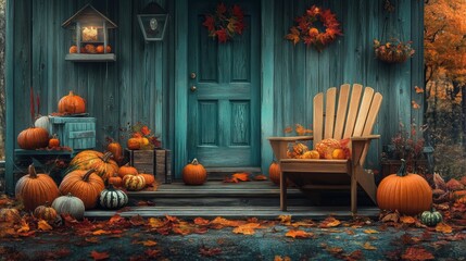 Obraz premium Cozy Thanksgiving Gathering by the Fireplace - Warm Holiday Decor with Pumpkins and Candles for Festive Celebration with Loved Ones