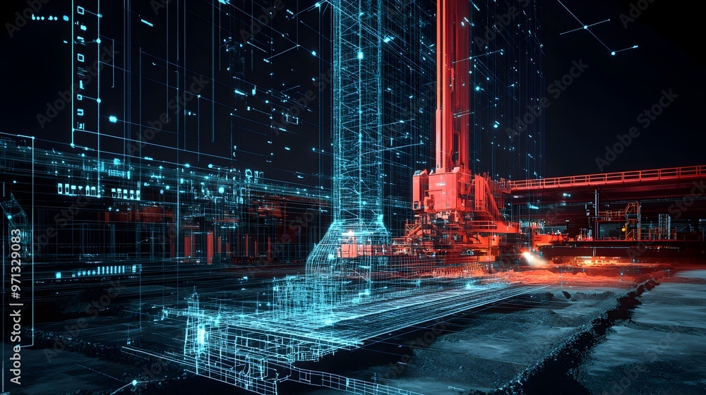 Poster futuristic digital twin interface showcasing a detailed visualization of a sustainable and technolog