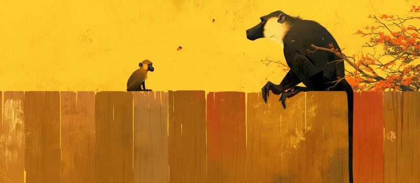 A female yellow baboon and her baby resting beside a wooden fence along a roadway