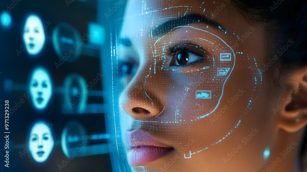 Poster digital twin interface with futuristic facial biometric scanning and identification system for analy