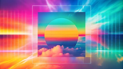 the vaporwave aesthetic, featuring a stylized sun or celestial body with horizontal stripes in a retro-futuristic color palette. The background is a gradient of bright, neon colors like pink, purple