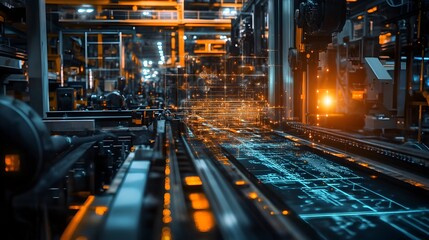 Fototapeta premium A vibrant and dynamic industrial workspace filled with glowing machinery,intricate metalwork,and a maze of pipes,cables,and control panels.