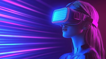 Fototapeta premium Woman Exploring Virtual Reality with Neon Lights