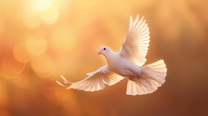 Stunning close up of a white dove in flight against a magical sunrise background