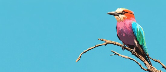 A Lilac breasted Roller Coracias caudata with an open beak sitting on a dried branch under a clear blue sky