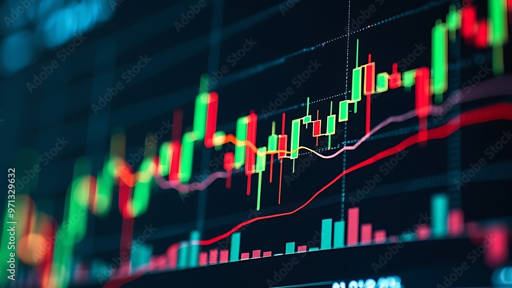 Poster financial chart with various data lines and indicators, representing market analysis and trends. ide