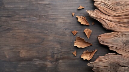Artful Wooden Textures, polished wood surface with natural grooves, featuring scattered wooden shavings, highlighting organic shapes and rich earthy tones.