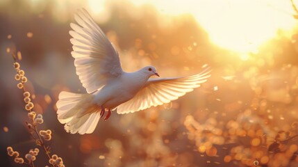 Fototapeta premium Close up of a graceful white dove in flight against a breathtaking sunrise with glowing hues