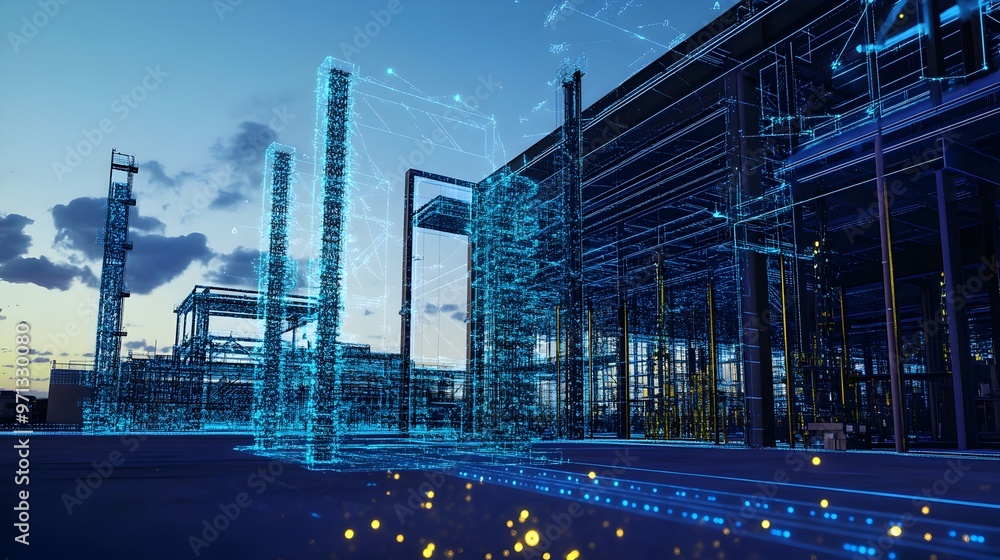 Poster a digital twin system showcasing the complex architecture,pipelines,and advanced technology of a mod