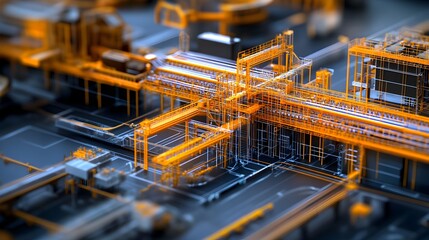Fototapeta premium Detailed digital rendering of a complex,interconnected system of futuristic urban infrastructure and facilities,showcasing the concept of a digital twin model for optimizing efficiency.