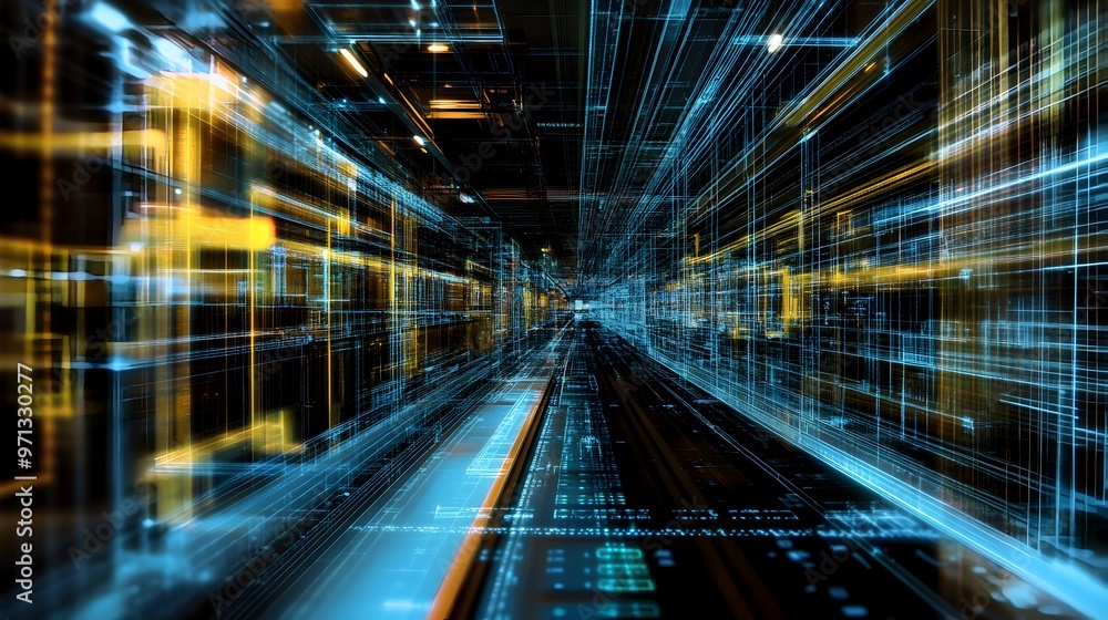 Poster futuristic digital twin visualization in an abstract data tunnel environment,showcasing the concept 