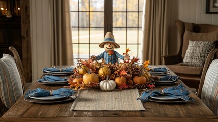 Rustic Thanksgiving Centerpiece with Autumn Leaves, Pumpkins, and Gourds on Wooden Table for Festive Gathering