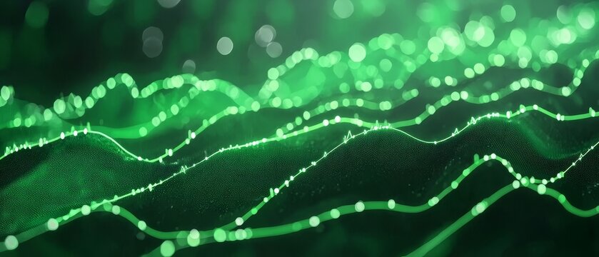 Financial data visualization on green tech screens, ecofinance
