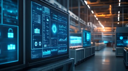 Fototapeta premium Futuristic digital dashboard with real-time data visualization and analytics,showcasing advanced technology,information monitoring,and intelligent control systems in a modern,high-tech environment.