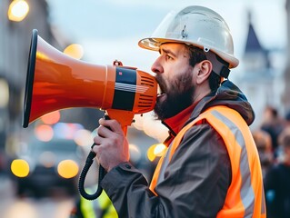 Emergency Responder Directing Crowd with Megaphone During Crisis Situation