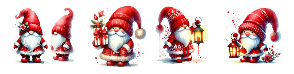 Merry Christmas gnomes, in a red hat, watercolor clipart illustration isolated on white background