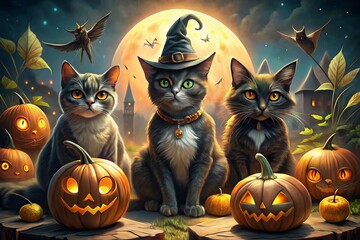 Fototapeta premium Whimsical spooky cat pictures Halloween night