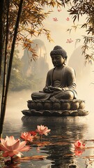 A serene statue of Buddha surrounded by lotus flowers and tranquil water, evoking peace and meditation in a natural setting.