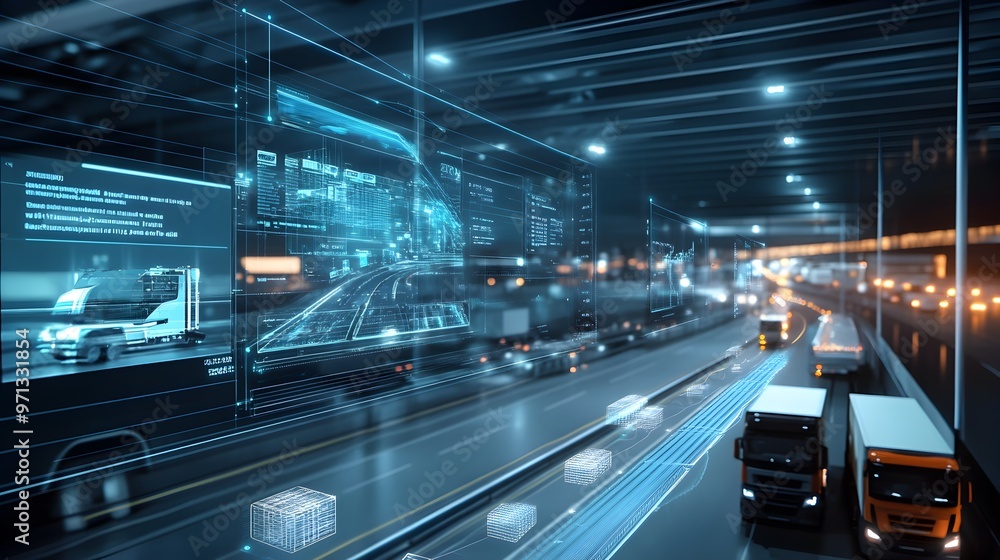 Poster futuristic virtual dashboard interface with data visualizations and hud projections in a blurred,hig