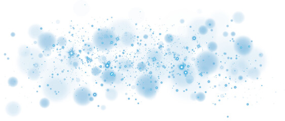 Blue glowing light effect with many glitter particles. Starry cloud with dust. Magic christmas decoration. Luminous bokeh softly shimmering blue light. Light abstract glowing lights. PNG.
