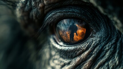 Close-up of a primate's eye reflecting a human figure.